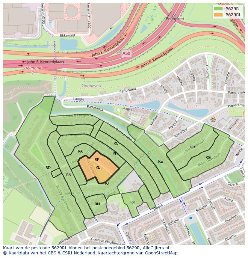 Afbeelding van het postcodegebied 5629 RL op de kaart.