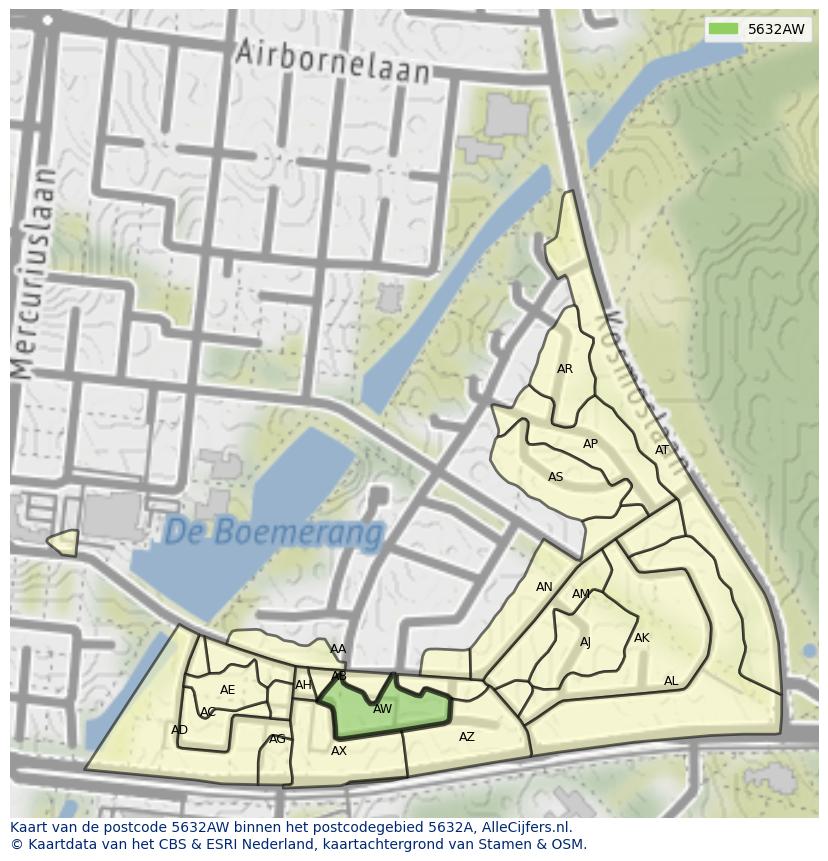 Afbeelding van het postcodegebied 5632 AW op de kaart.