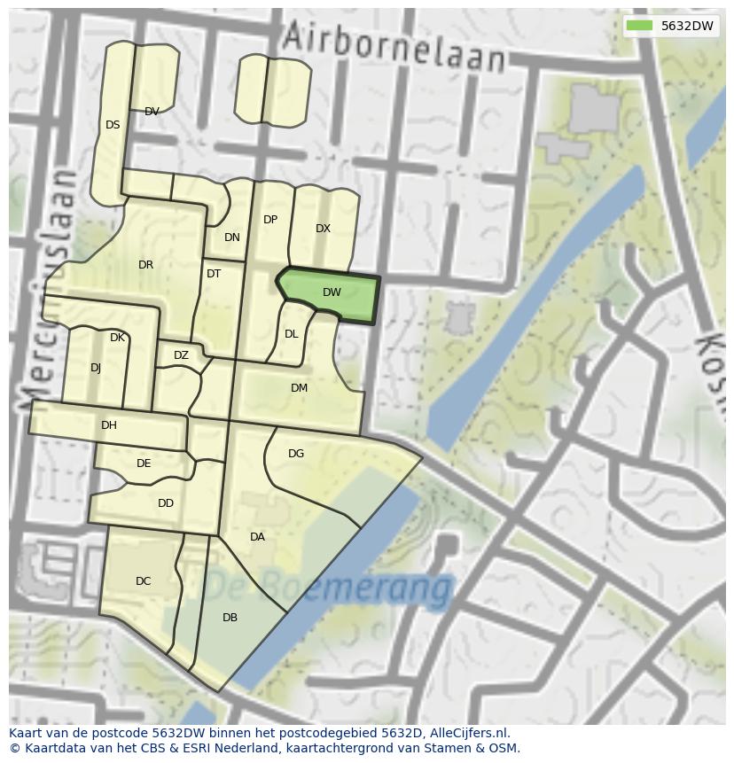 Afbeelding van het postcodegebied 5632 DW op de kaart.