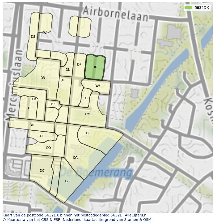 Afbeelding van het postcodegebied 5632 DX op de kaart.
