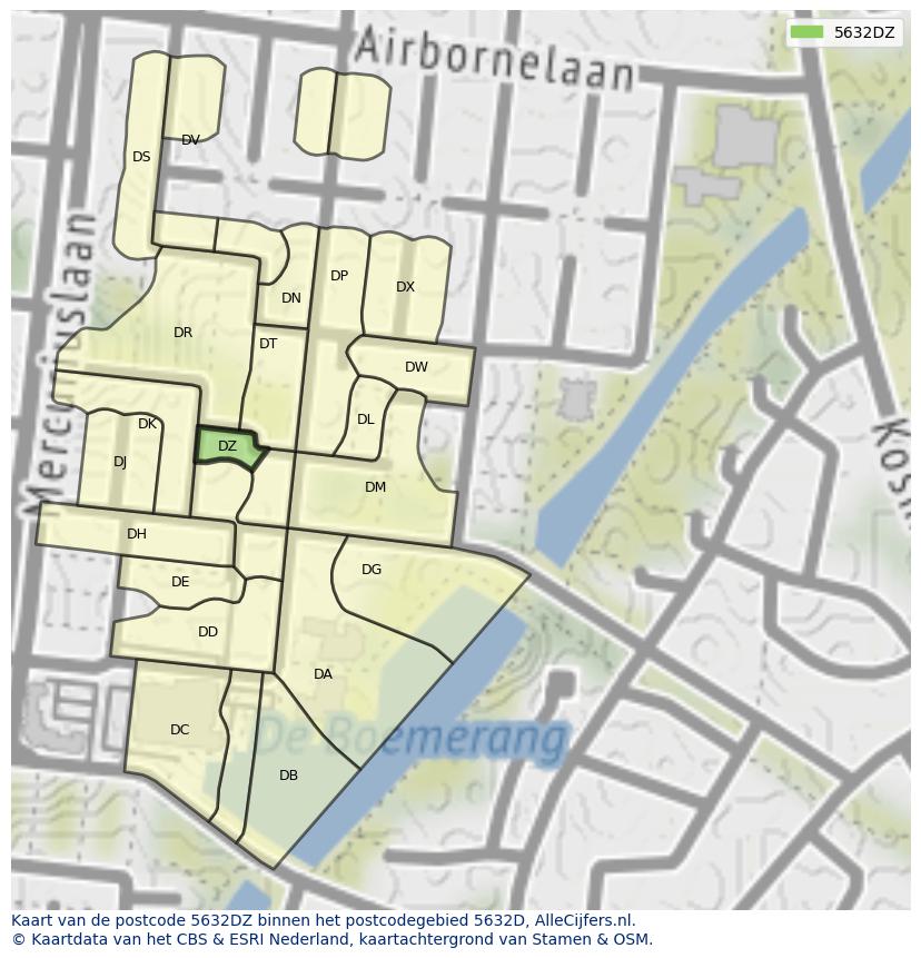 Afbeelding van het postcodegebied 5632 DZ op de kaart.