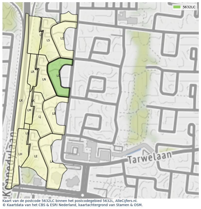 Afbeelding van het postcodegebied 5632 LC op de kaart.