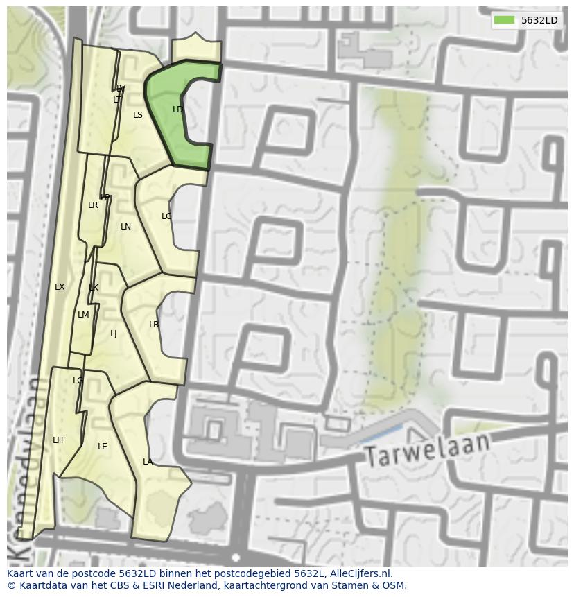 Afbeelding van het postcodegebied 5632 LD op de kaart.