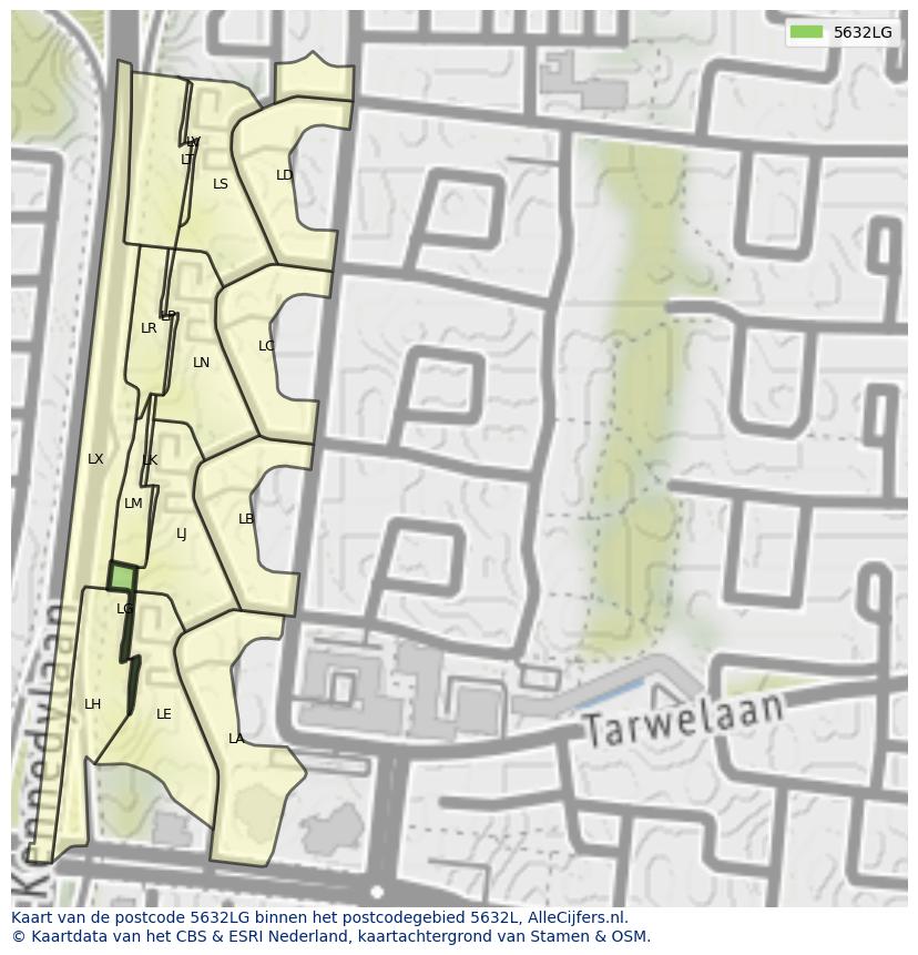 Afbeelding van het postcodegebied 5632 LG op de kaart.