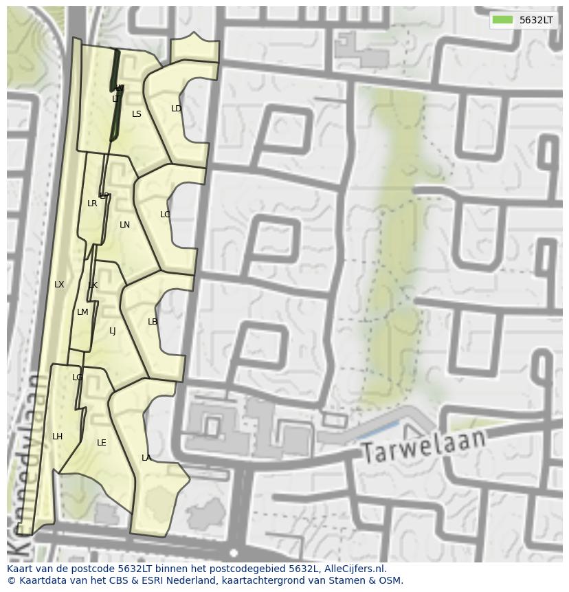 Afbeelding van het postcodegebied 5632 LT op de kaart.