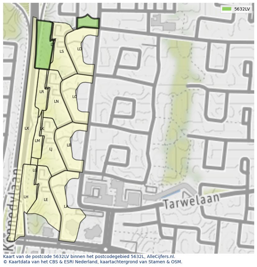 Afbeelding van het postcodegebied 5632 LV op de kaart.