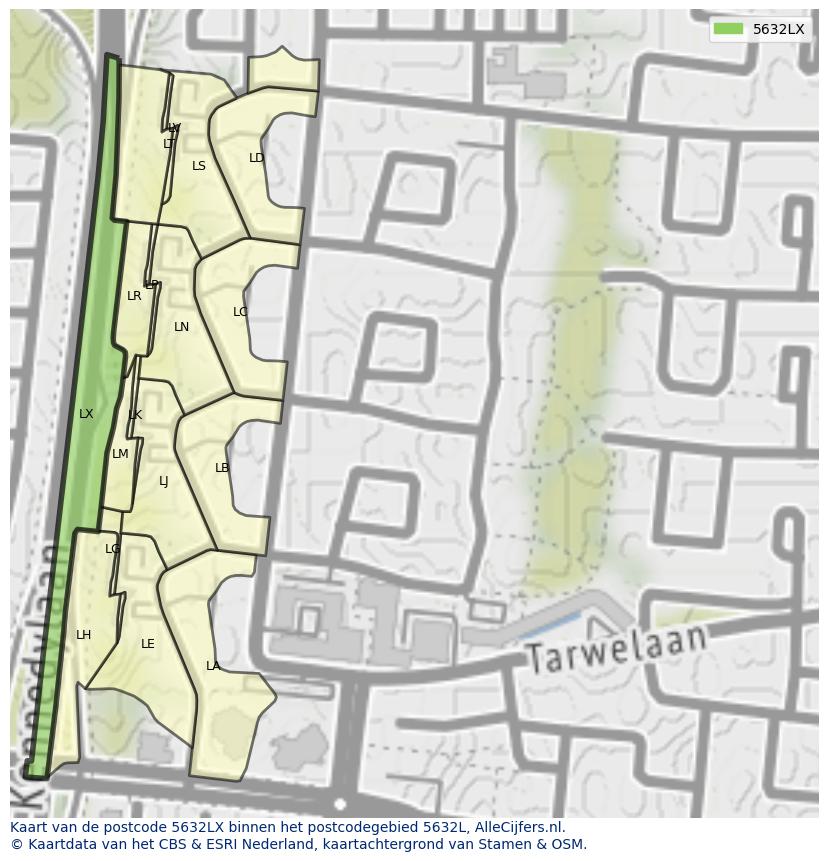Afbeelding van het postcodegebied 5632 LX op de kaart.