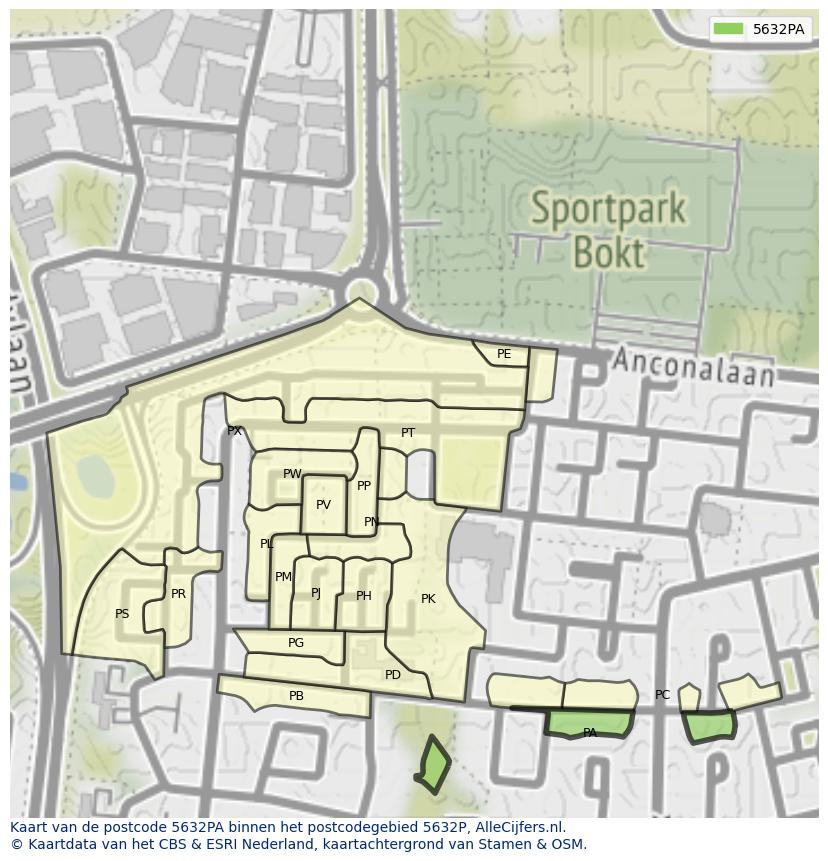 Afbeelding van het postcodegebied 5632 PA op de kaart.
