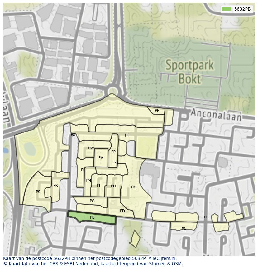 Afbeelding van het postcodegebied 5632 PB op de kaart.