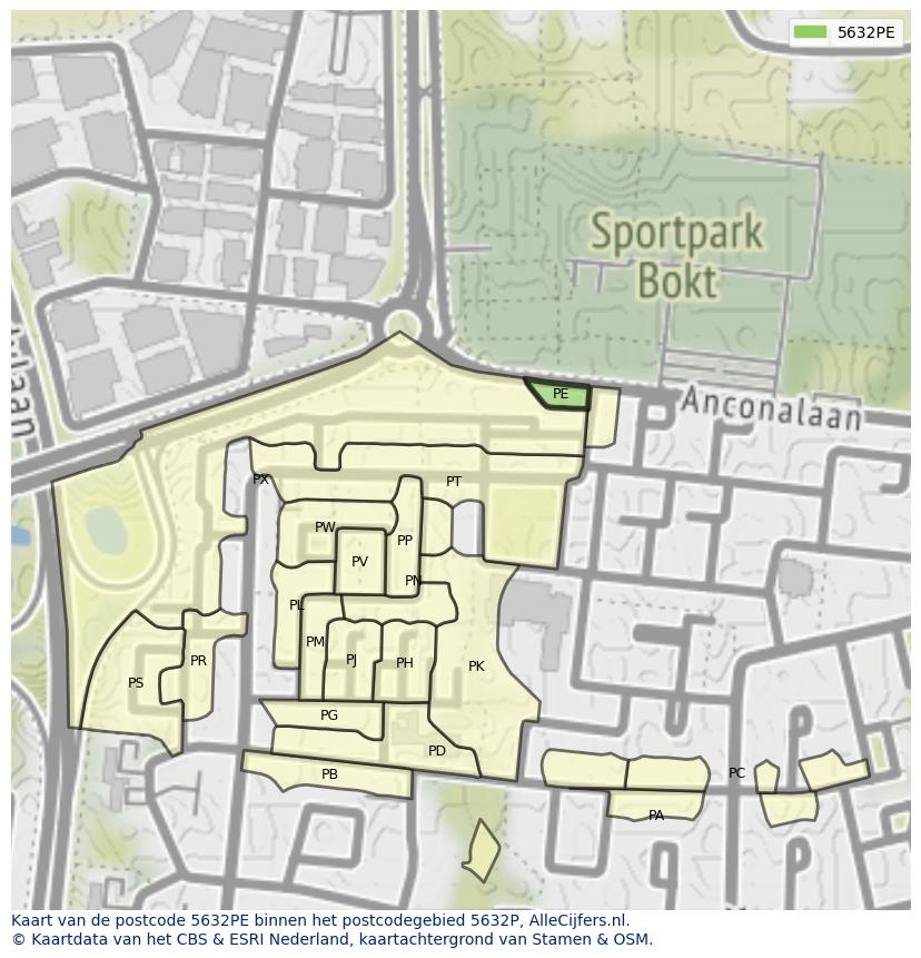 Afbeelding van het postcodegebied 5632 PE op de kaart.