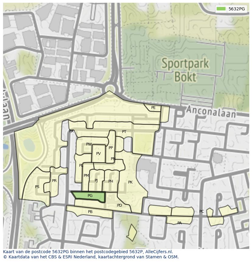 Afbeelding van het postcodegebied 5632 PG op de kaart.