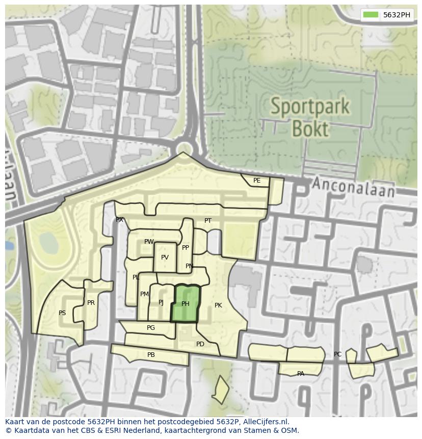 Afbeelding van het postcodegebied 5632 PH op de kaart.