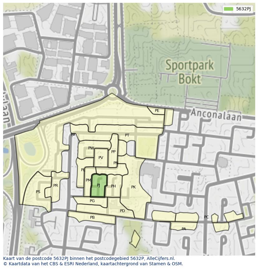 Afbeelding van het postcodegebied 5632 PJ op de kaart.