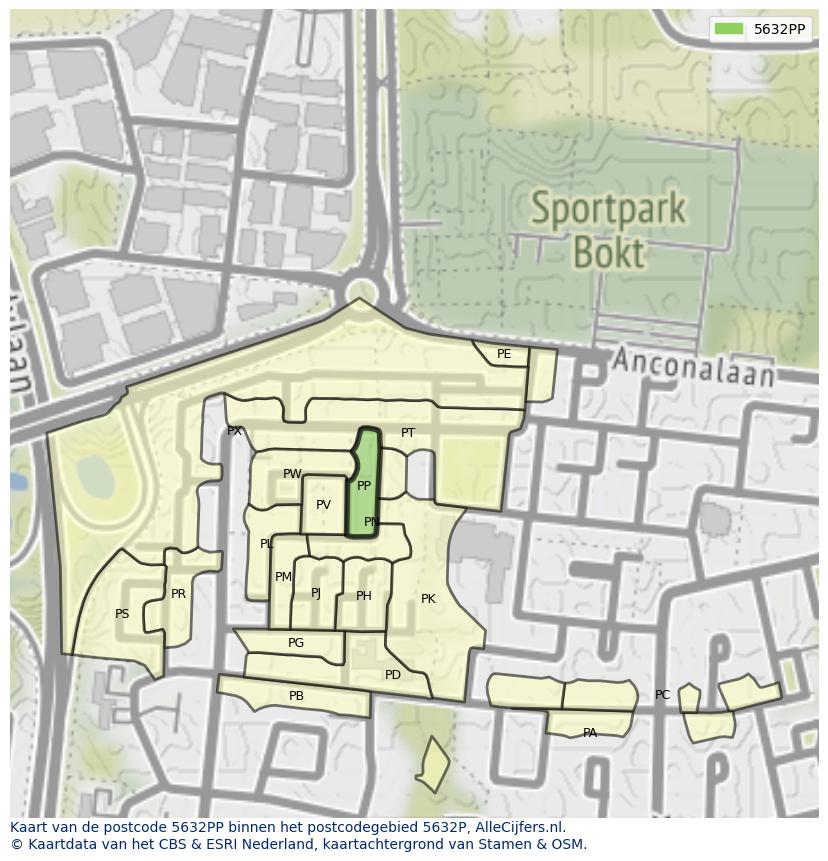 Afbeelding van het postcodegebied 5632 PP op de kaart.
