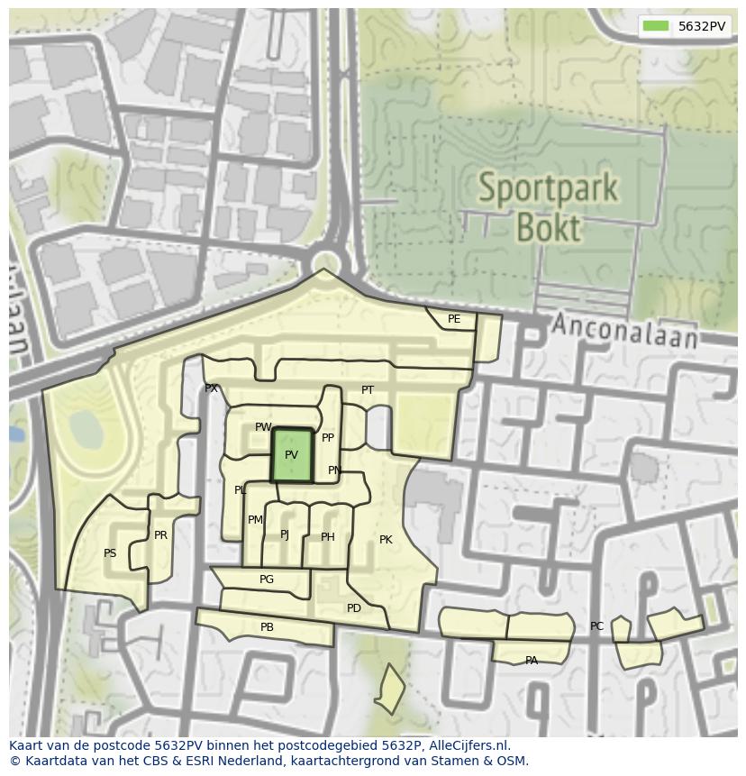 Afbeelding van het postcodegebied 5632 PV op de kaart.