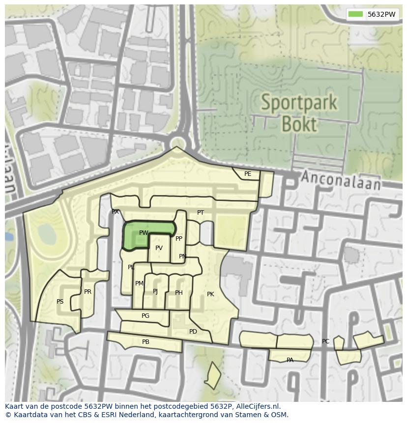 Afbeelding van het postcodegebied 5632 PW op de kaart.