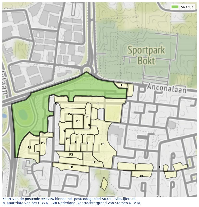 Afbeelding van het postcodegebied 5632 PX op de kaart.