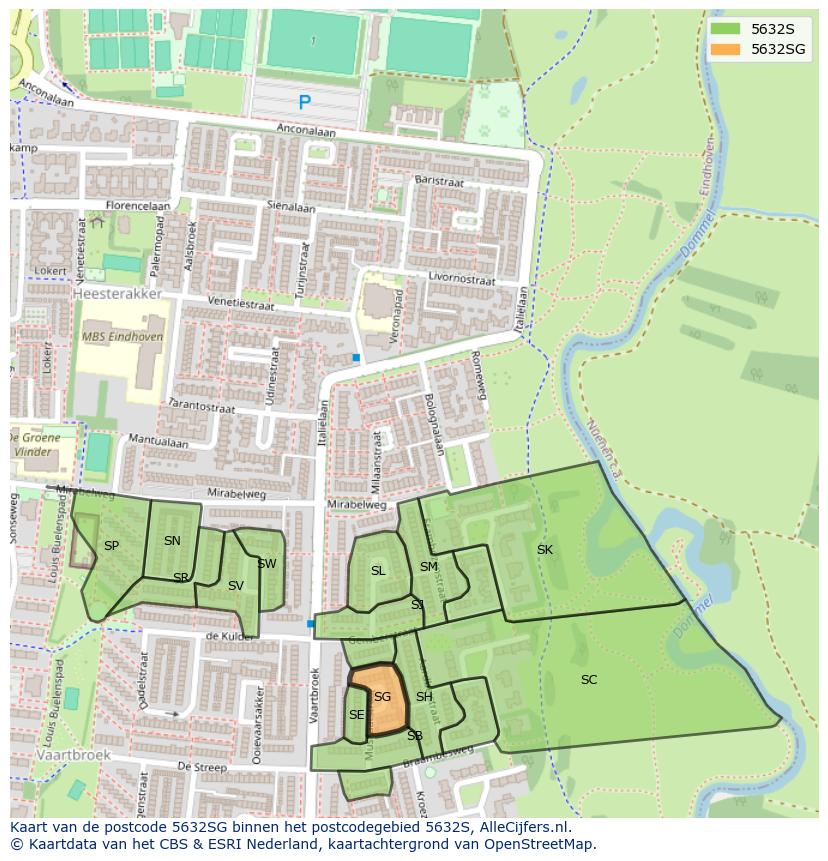 Afbeelding van het postcodegebied 5632 SG op de kaart.