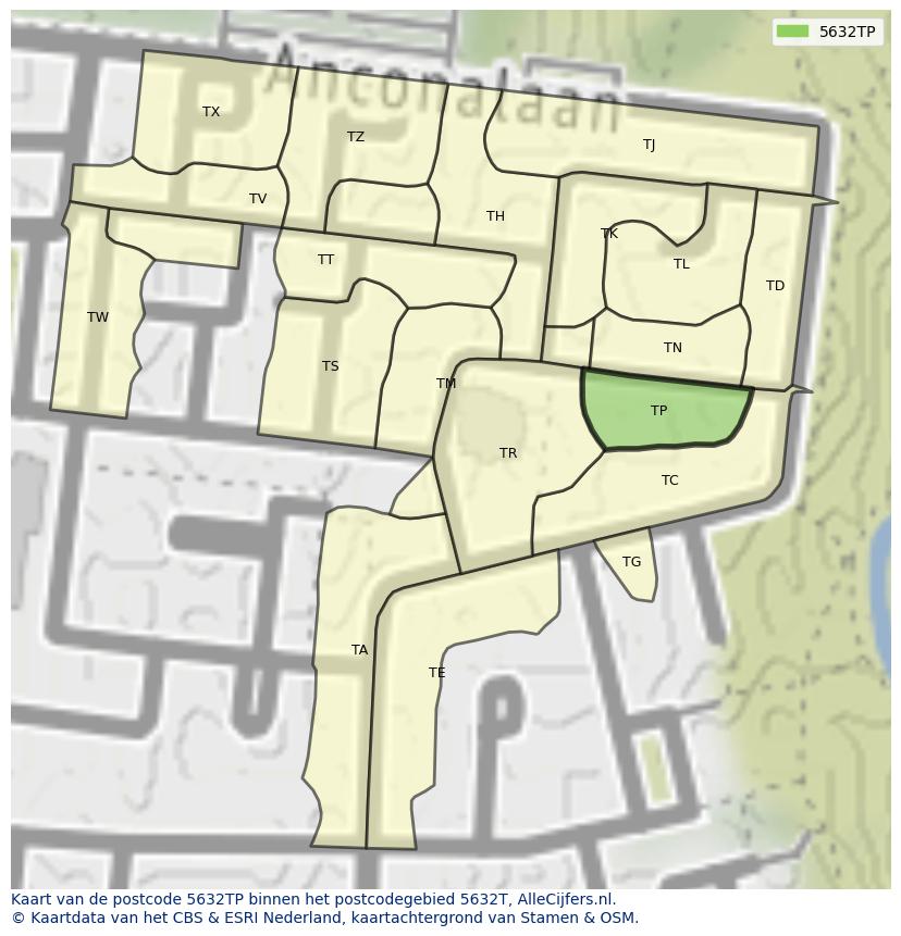 Afbeelding van het postcodegebied 5632 TP op de kaart.