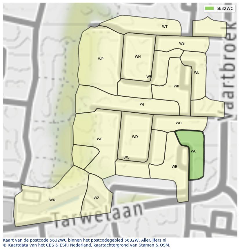 Afbeelding van het postcodegebied 5632 WC op de kaart.
