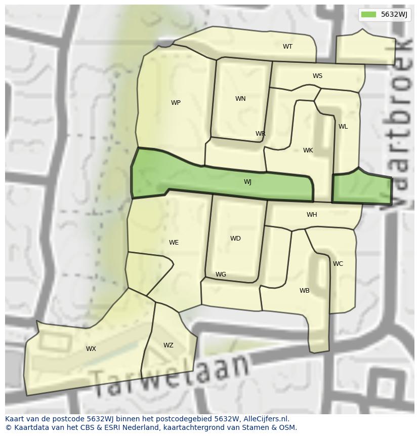 Afbeelding van het postcodegebied 5632 WJ op de kaart.