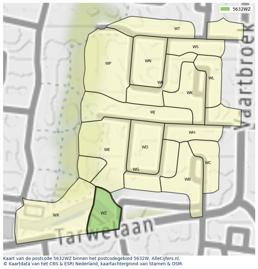 Afbeelding van het postcodegebied 5632 WZ op de kaart.