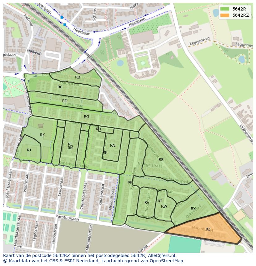 Afbeelding van het postcodegebied 5642 RZ op de kaart.