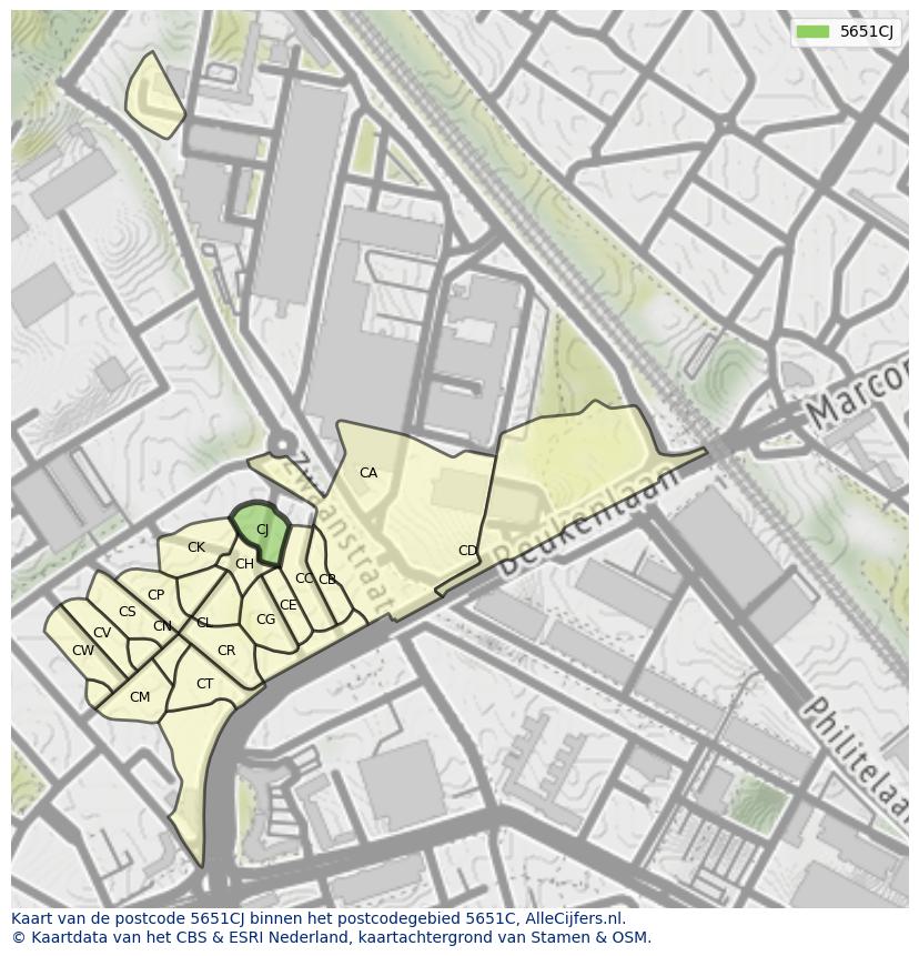 Afbeelding van het postcodegebied 5651 CJ op de kaart.