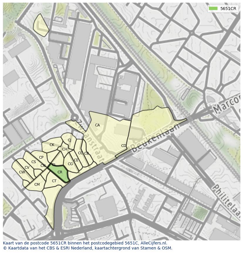 Afbeelding van het postcodegebied 5651 CR op de kaart.