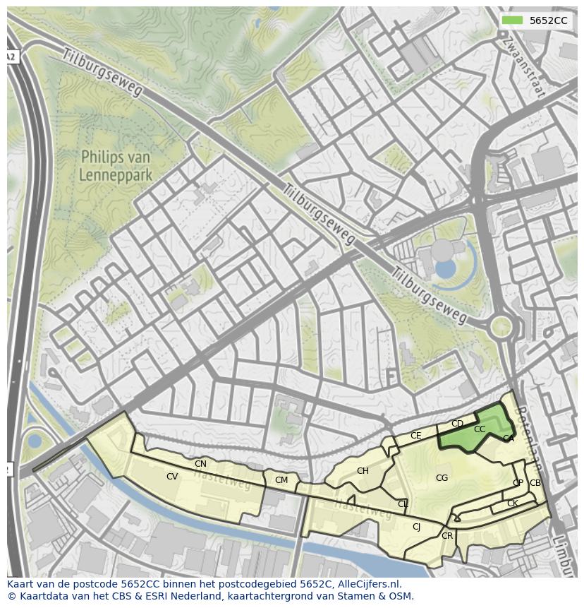 Afbeelding van het postcodegebied 5652 CC op de kaart.