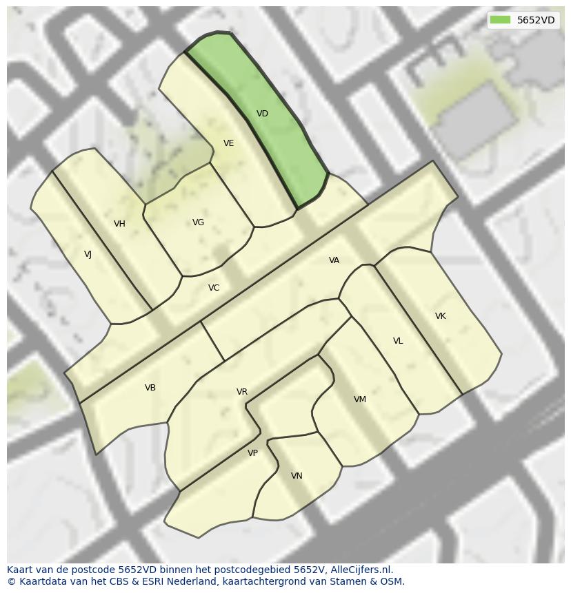 Afbeelding van het postcodegebied 5652 VD op de kaart.
