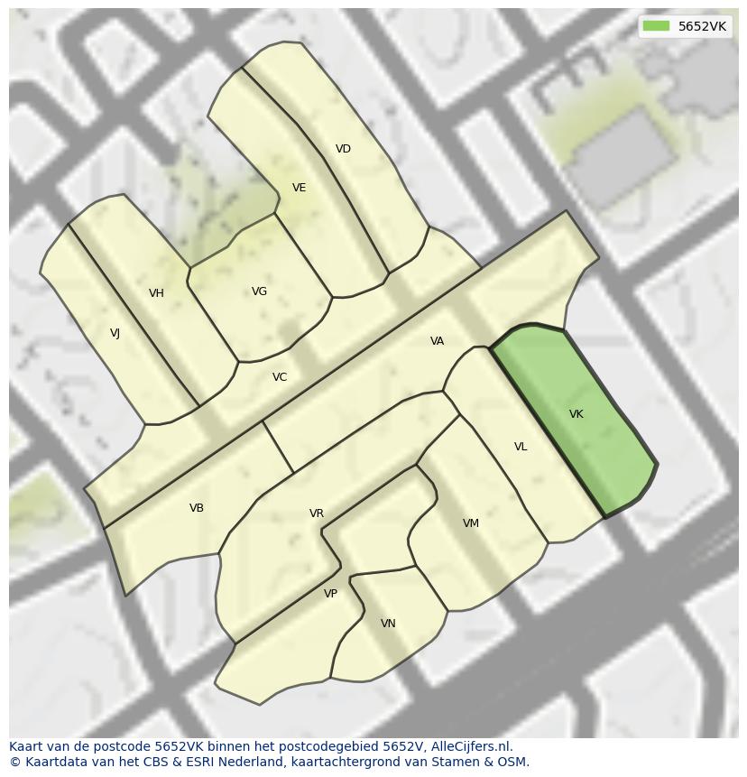 Afbeelding van het postcodegebied 5652 VK op de kaart.