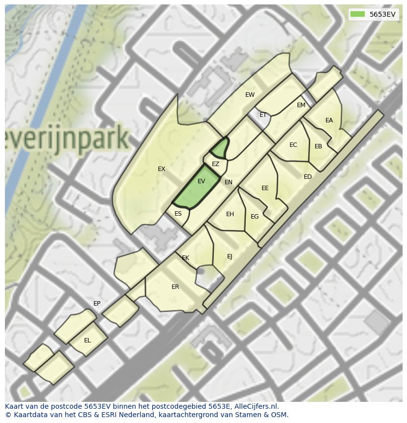Afbeelding van het postcodegebied 5653 EV op de kaart.