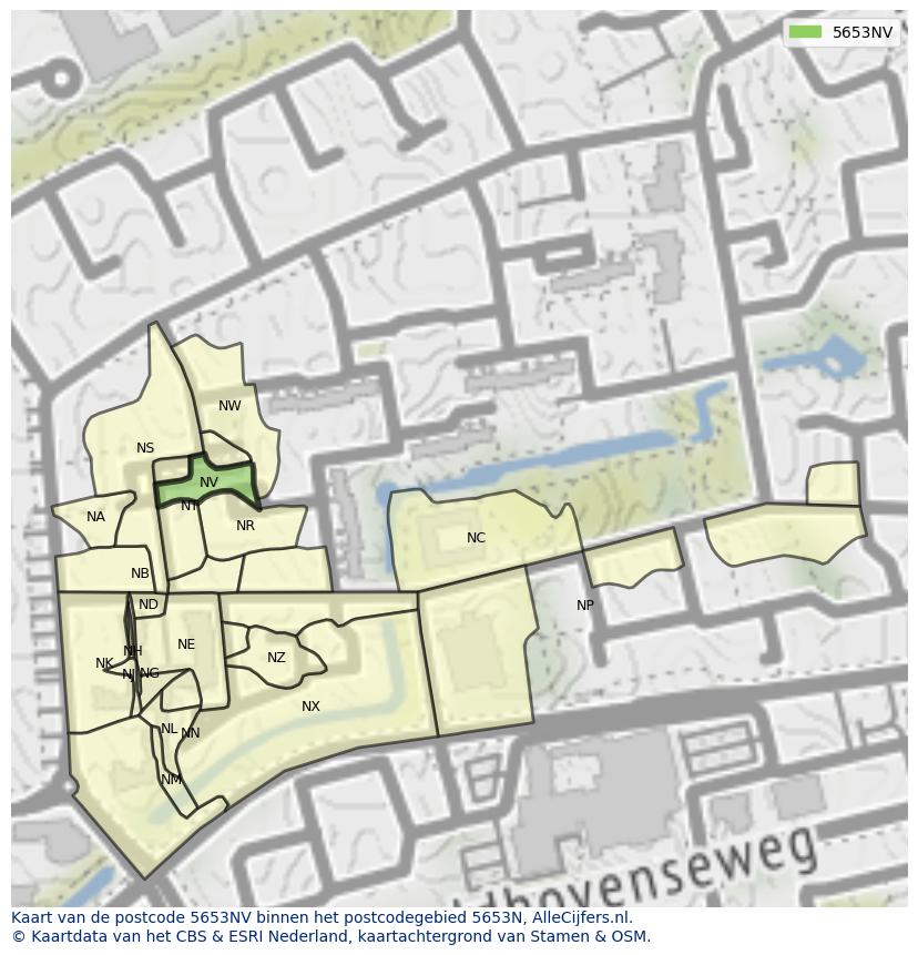 Afbeelding van het postcodegebied 5653 NV op de kaart.