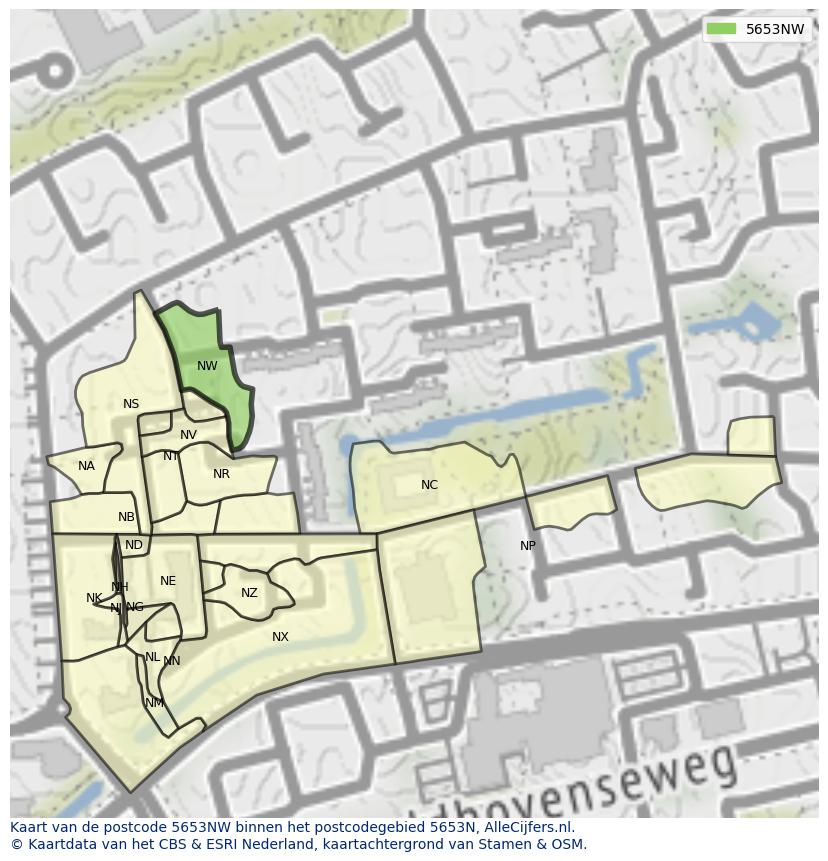 Afbeelding van het postcodegebied 5653 NW op de kaart.