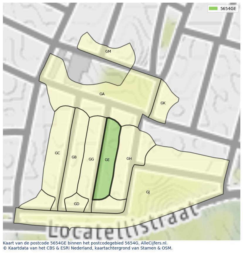 Afbeelding van het postcodegebied 5654 GE op de kaart.