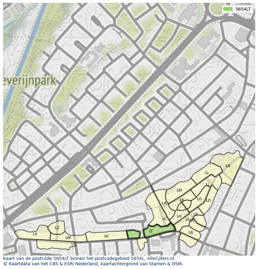 Afbeelding van het postcodegebied 5654 LT op de kaart.