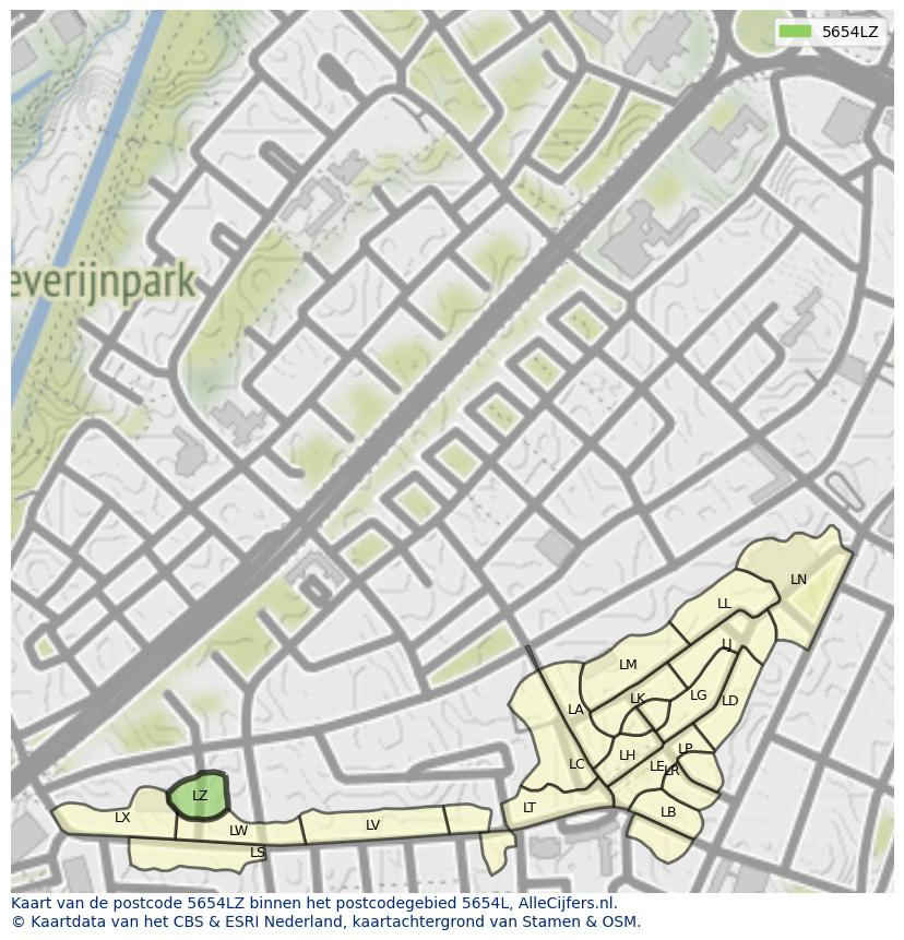 Afbeelding van het postcodegebied 5654 LZ op de kaart.