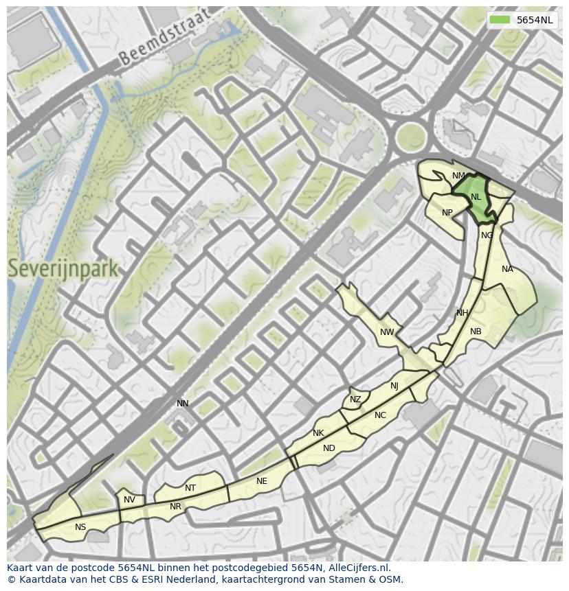 Afbeelding van het postcodegebied 5654 NL op de kaart.