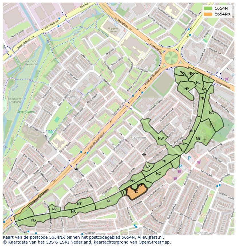 Afbeelding van het postcodegebied 5654 NX op de kaart.