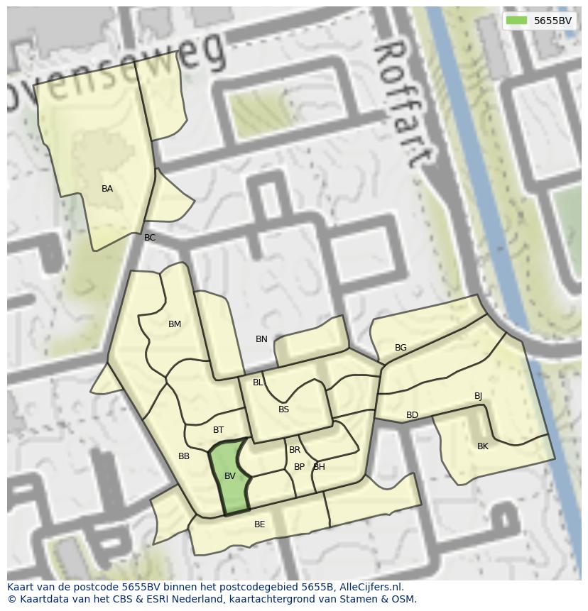 Afbeelding van het postcodegebied 5655 BV op de kaart.
