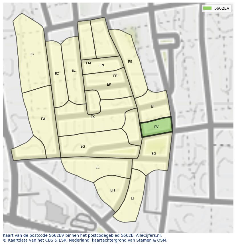 Afbeelding van het postcodegebied 5662 EV op de kaart.