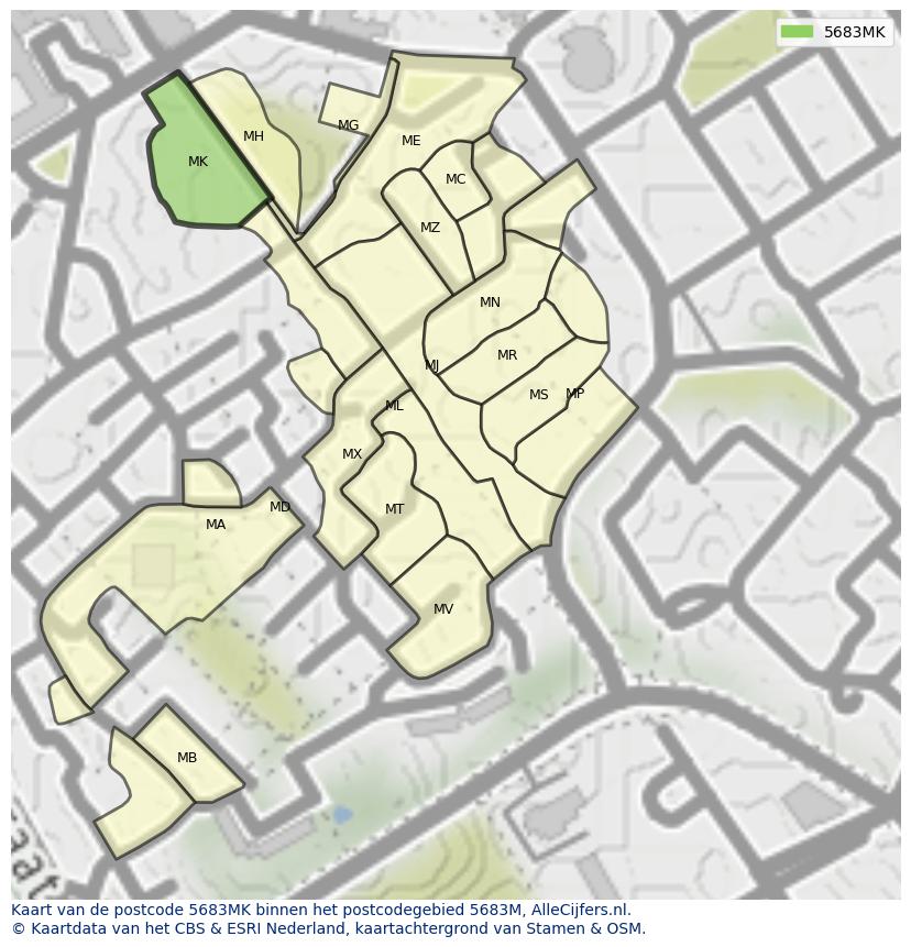 Afbeelding van het postcodegebied 5683 MK op de kaart.