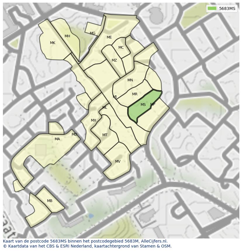 Afbeelding van het postcodegebied 5683 MS op de kaart.