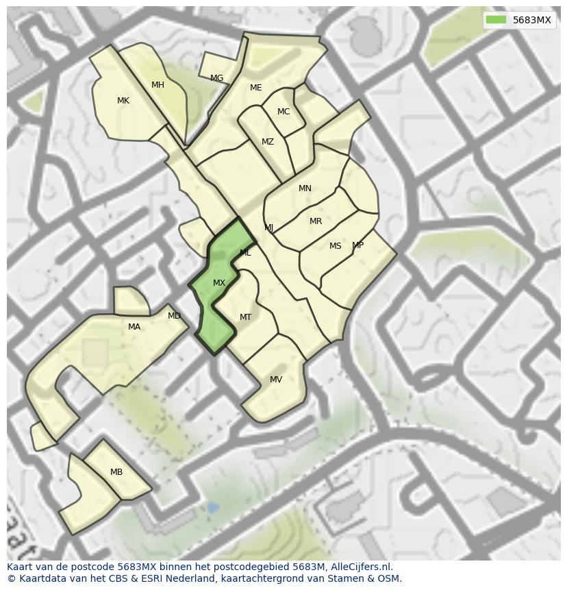 Afbeelding van het postcodegebied 5683 MX op de kaart.
