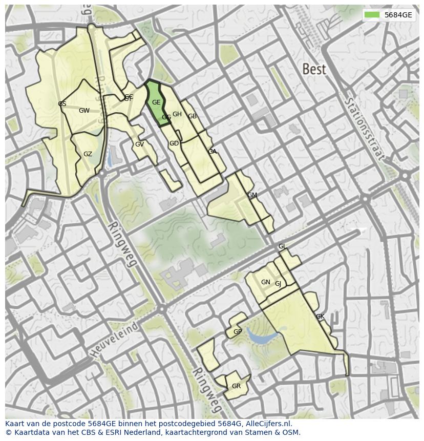 Afbeelding van het postcodegebied 5684 GE op de kaart.