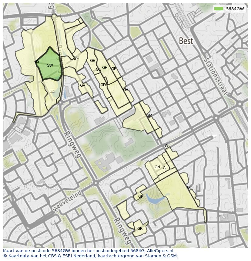 Afbeelding van het postcodegebied 5684 GW op de kaart.