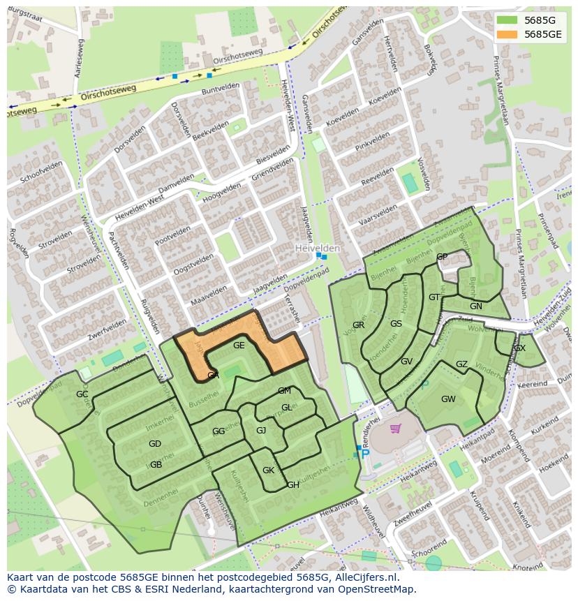 Afbeelding van het postcodegebied 5685 GE op de kaart.