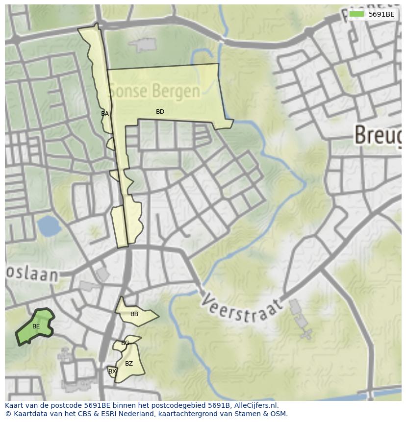 Afbeelding van het postcodegebied 5691 BE op de kaart.
