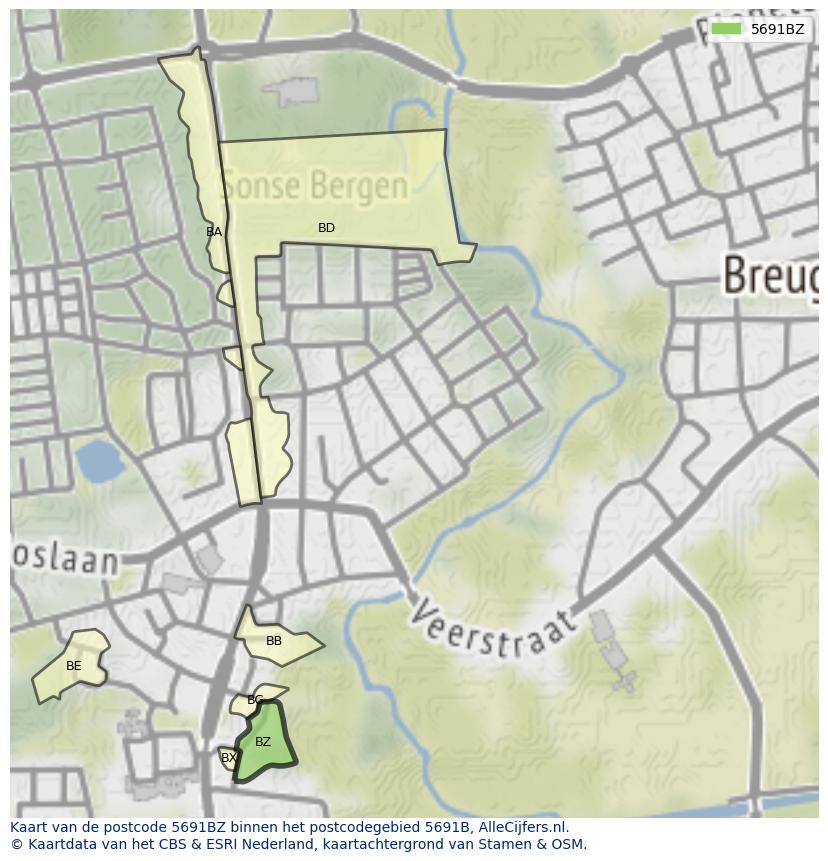 Afbeelding van het postcodegebied 5691 BZ op de kaart.